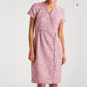 NEW Banana Republic Pink Tweed Boucle Fringe Faux Wrap Sheath Dress Career Sz‎ 8